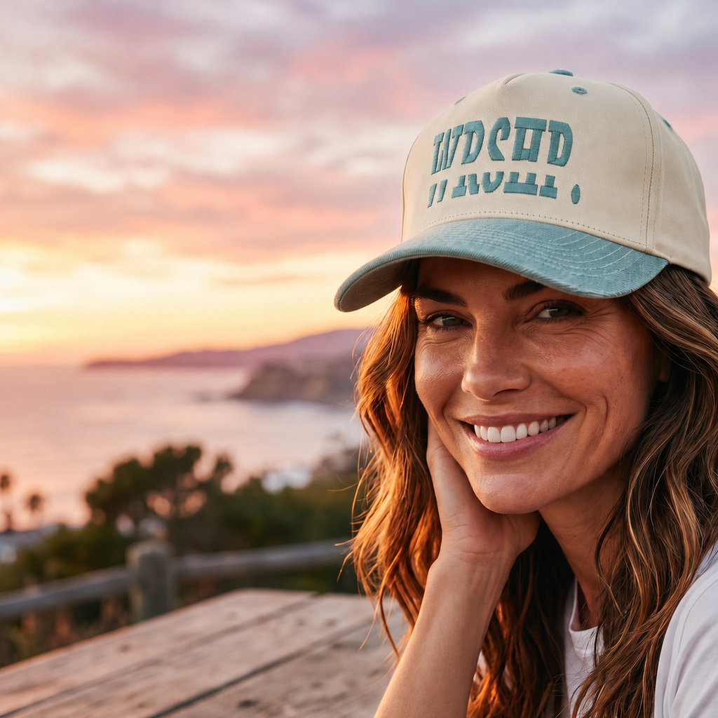 Woman wearing a cap with text, smiling at sunset with ocean view
