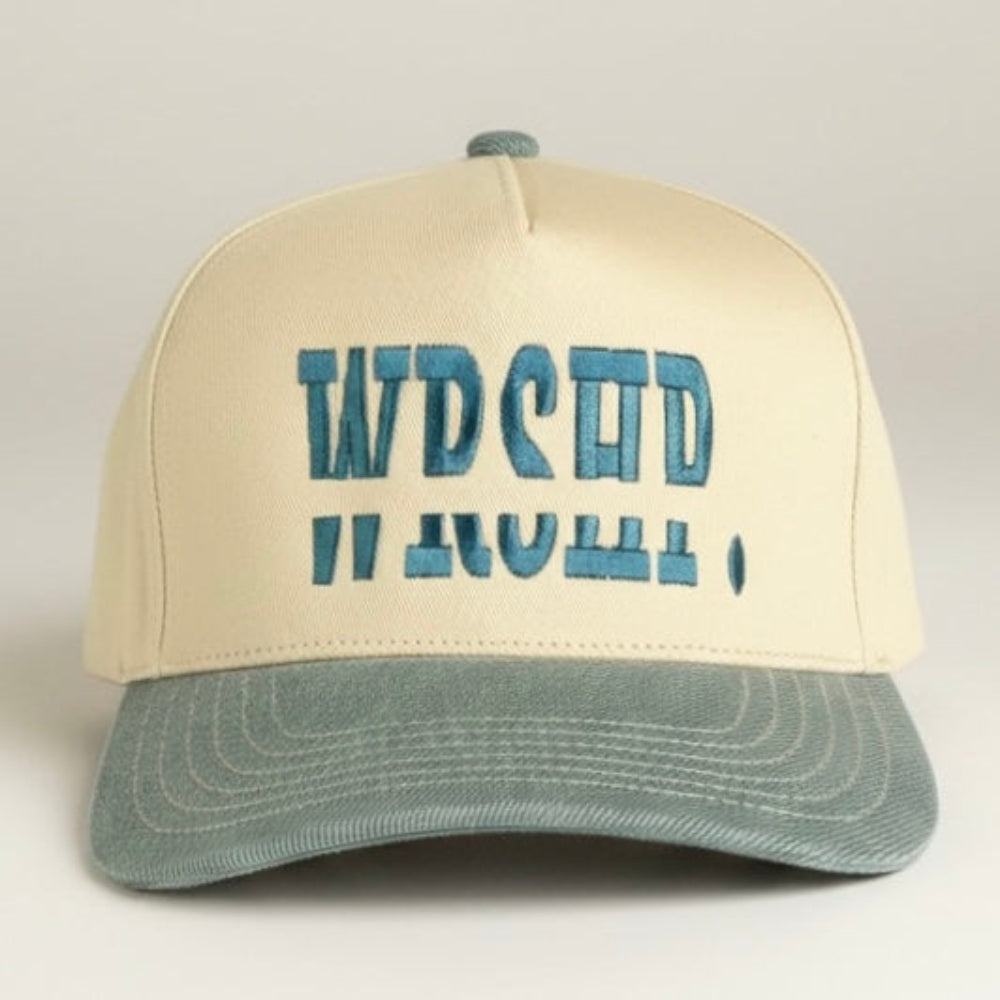 Beige and gray cap with blue text on a light gray background