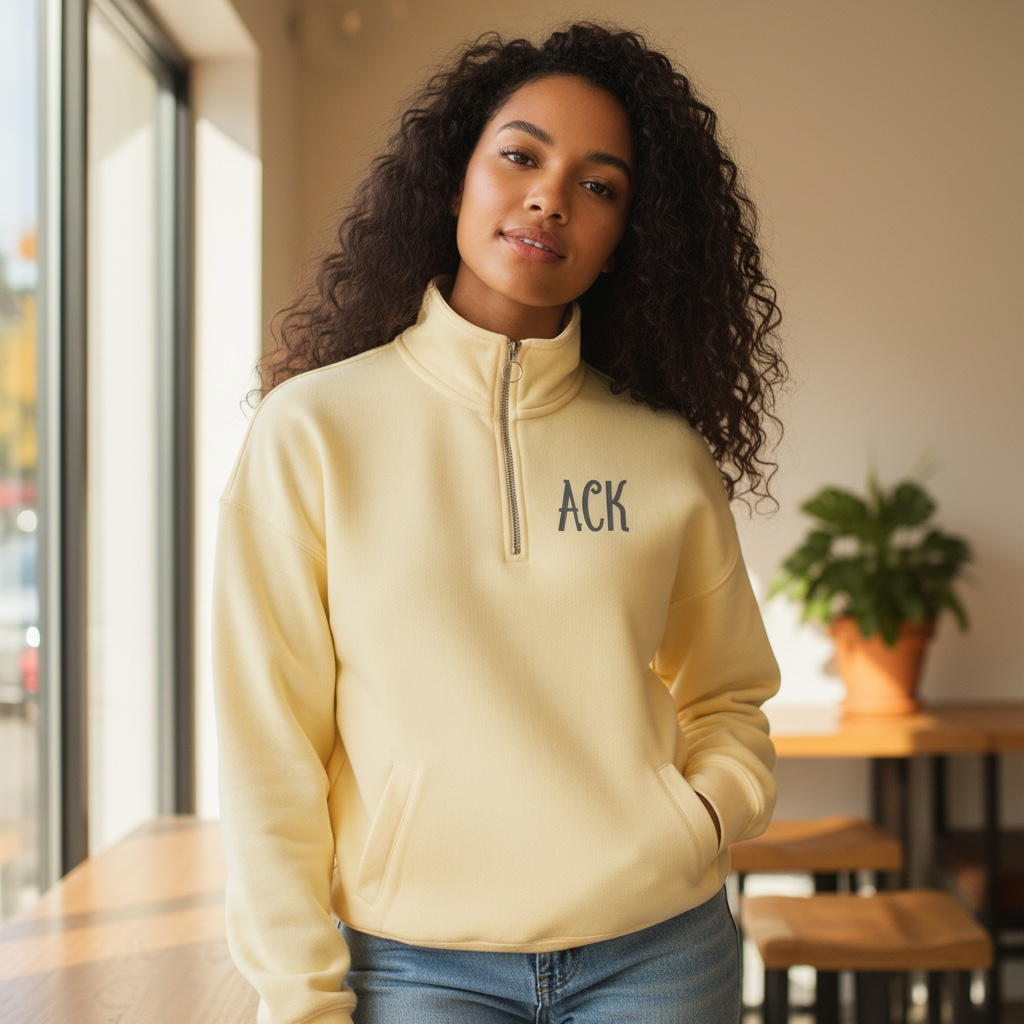 Women’s Quarter Zip Heavyweight Fleece Sweatshirt with Pockets Custom Embroidered Initial Pullover